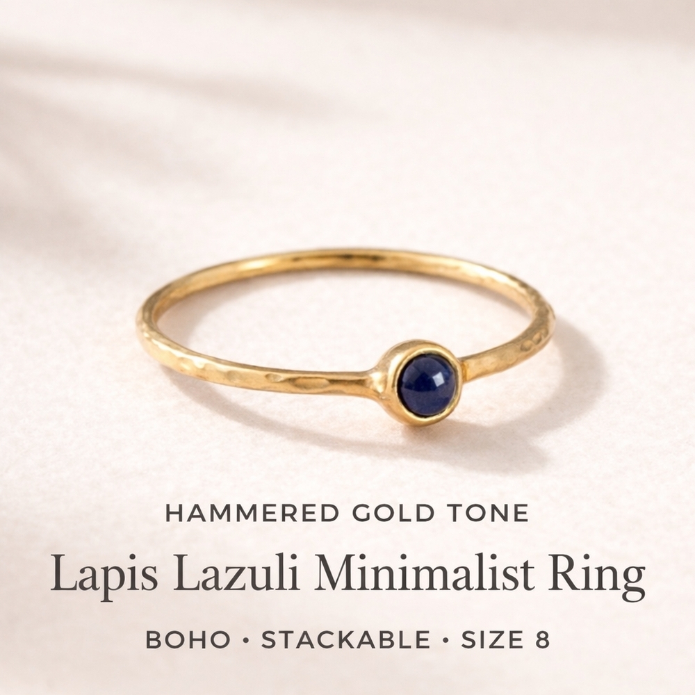 Hammered Gold Tone Lapis Lazuli Ring – Minimalist Blue Stone, Size 8